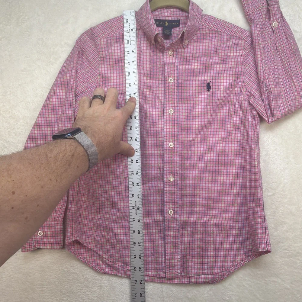 Ralph Lauren Boys Button Down Shirt Pink Blue Plaid Preppy Size‎ 10 12